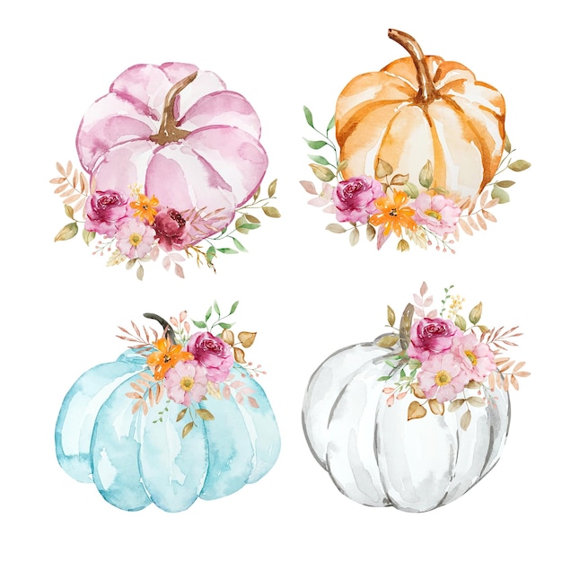 Composición de otoño de calabazas y flores de acuarela