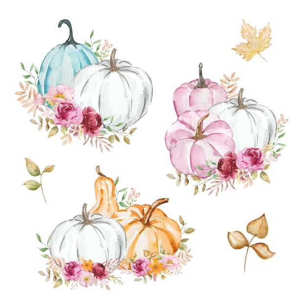 Composición de otoño de calabazas y flores de acuarela