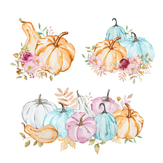 Composición de otoño de calabazas y flores de acuarela