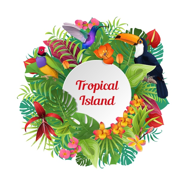 Composición de palabras de isla tropical en plantas y flores de aves redondas