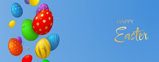 Composición de pancarta del Día de Pascua Feliz con huevos 3D multicolores con motivos dorados y bolas decorativas