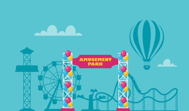 Composición de parque de atracciones con paisaje al aire libre y vista de la montaña rusa del circo