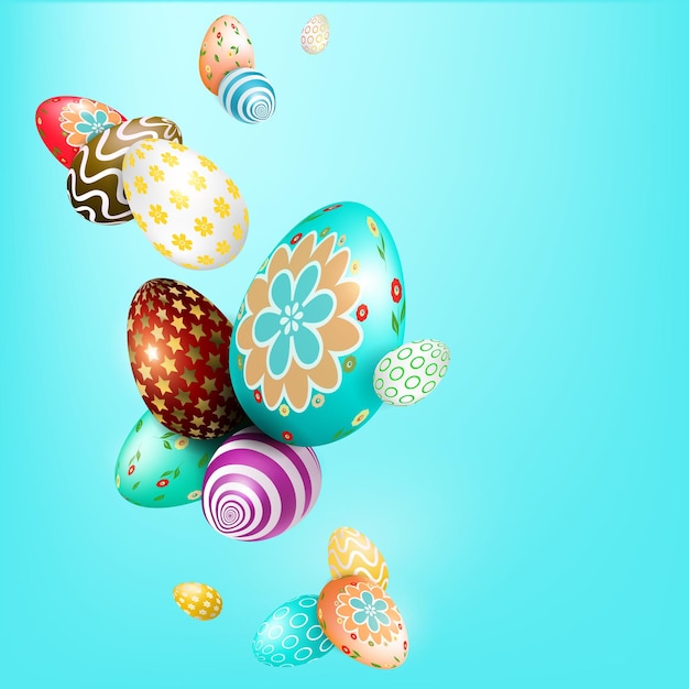 Composición de Pascua azul claro con huevos maravillosos con un patrón diferente