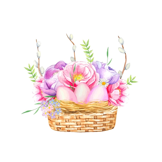 Composición de Pascua Cesta con flores y huevos Ilustración acuarela dibujada a mano