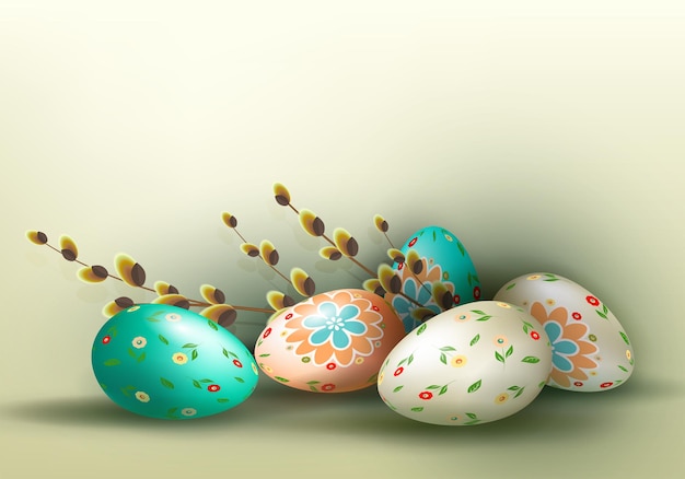 Composición de Pascua de un conjunto de huevos y una rama de sauce Illusion 3d