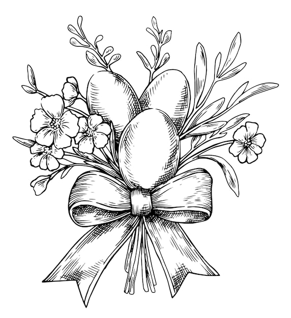 Composición de Pascua con flores y huevos de Pascua en ilustración vectorial de estilo vintage en boceto