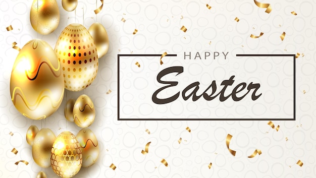 Composición de Pascua con un juego de huevos colgantes de color dorado con purpurina, tarjeta de felicitación.