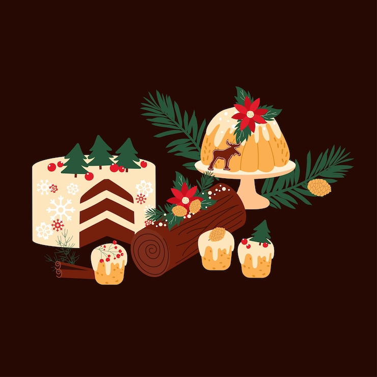 Vector composición de pasteles y dulces decorados tradicionalmente con la navidad dibujados a mano