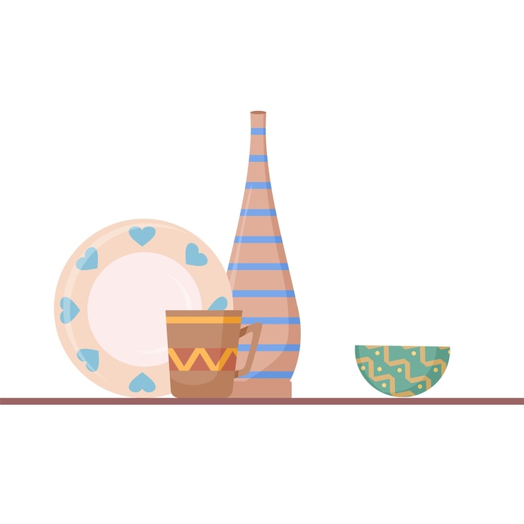Vector composición de pasuda de cerámica: plato, jarrón, taza y cuenco.