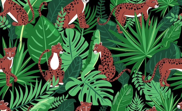 Composición de patrones sin fisuras de leopardo con leopardos y hojas tropicales sobre fondo negro