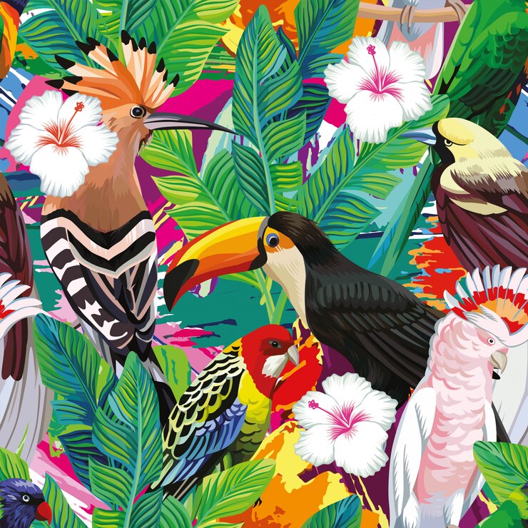 Vector una composición perfecta de tucán de aves tropicales, loros, abubillas y hojas de palmeras.