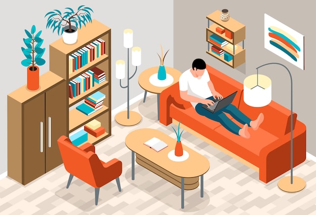Composición de personas interiores isométricas con paisaje interior de sala de estar con hombre en sofá con ilustración de vector de computadora portátil