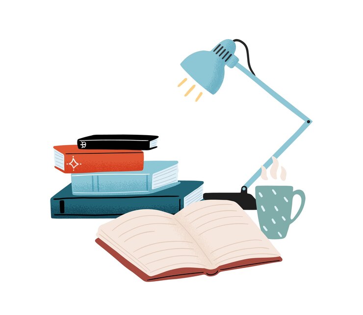 Vector composición con pila de libros, lámpara de mesa y té caliente aislado sobre fondo blanco. ocio, hobby o preparación de exámenes con libros de texto educativos o de entretenimiento. ilustración de dibujos animados planos vectoriales.
