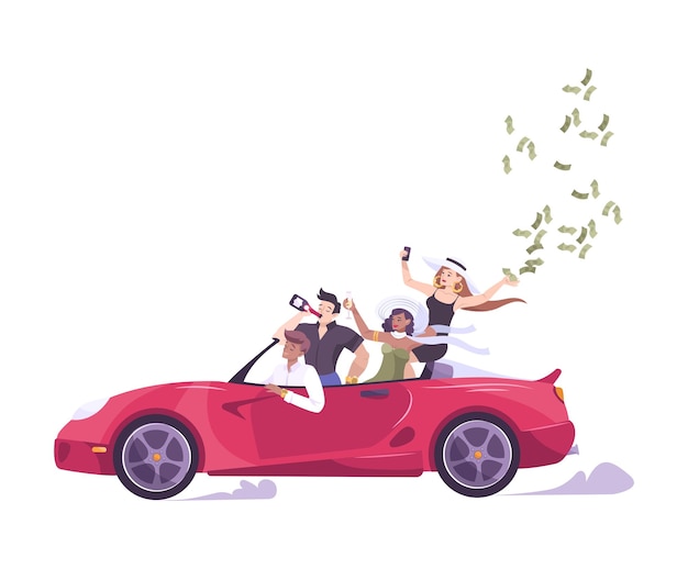 Composición plana de adolescentes con problemas con un grupo de niños ricos en coche cabrio