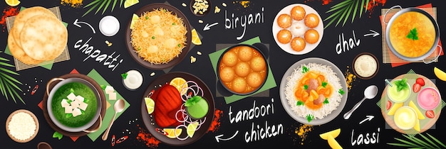 Composición plana de cocina india con vista superior horizontal de platos con arroz con pollo y comidas vegetales ilustración vectorial