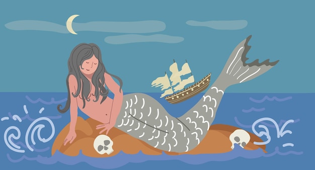 Composición plana de criaturas míticas con paisaje de mar abierto y sirena acostada con barco hundido y calaveras ilustración vectorial