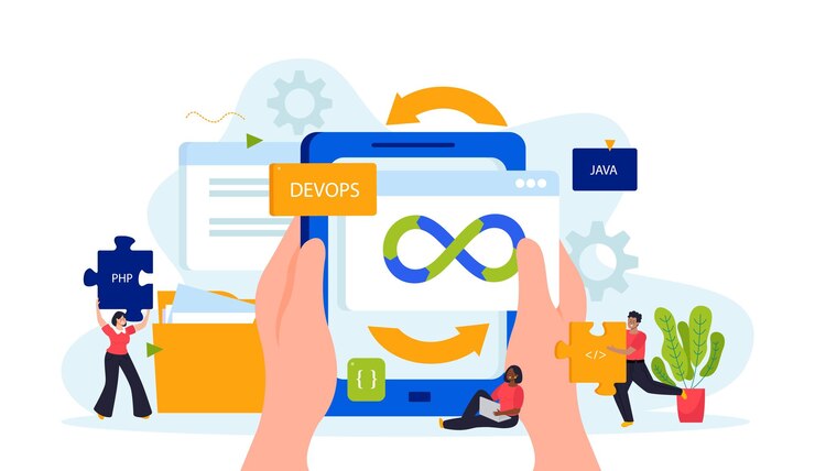 Vector composición plana de ingenieros devops con almohadilla en manos humanas y signos de lenguajes de programación para aplicaciones web y móviles ilustración vectorial