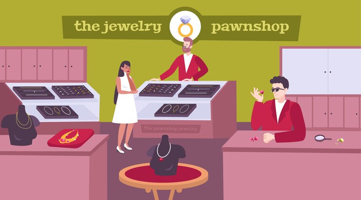 Vector composición plana interior de la casa de empeño de la joyería con el cliente de la señora que elige los anillos de las piedras preciosas de los precios de la casa de empeño del collar