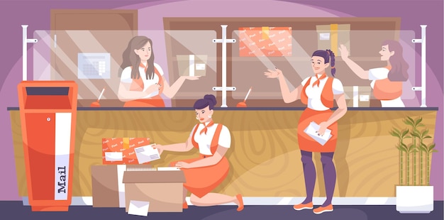 Vector composición plana de la oficina de correos con personajes femeninos de trabajadores postales con cartas de paquetes de buzón e ilustración de mostrador
