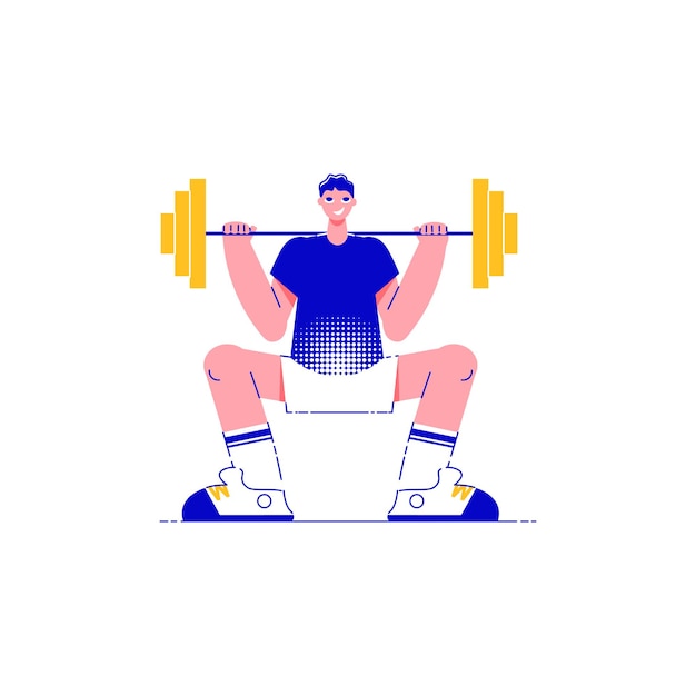 Composición plana de personas fitness con personaje masculino sosteniendo barra transversal pesada con ilustración de vector de pesas