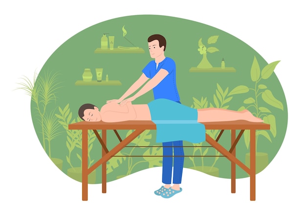 Vector composición plana de personas de spa de masajes con personajes de clientes acostados en la mesa con ilustración de vector de terapeuta de masaje de trabajo