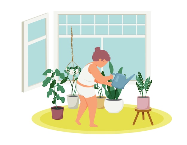 Composición plana de rutina diaria de mujer con paisaje de hogar y mujer regando plantas de hogar ilustración vectorial