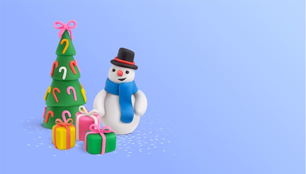 Composición de plastilina navideña con árbol, personaje de muñeco de nieve y cajas de regalo