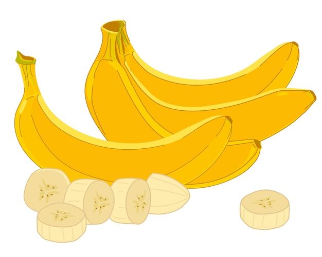 Composición de plátanos amarillos vectoriales en estilo plano Montón de frutas exóticas enteras de plátanos en rodajas pulpa blanca Fondo blanco Imágenes prediseñadas de estilo de dibujos animados para el diseño de envases de rodajas de mermelada de jugo