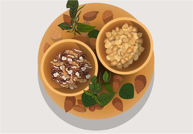 Composición de un plato y dos forúnculos rellenos de diversos frutos secos almendras nueces avellanas