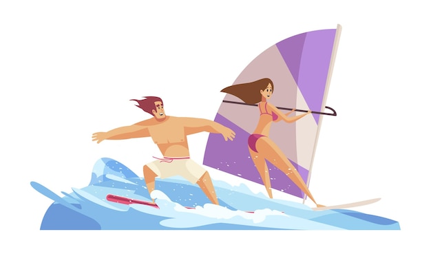 Composición de playa con personajes de hombre y mujer montando tablas de surf en la corriente de olas ilustración vectorial
