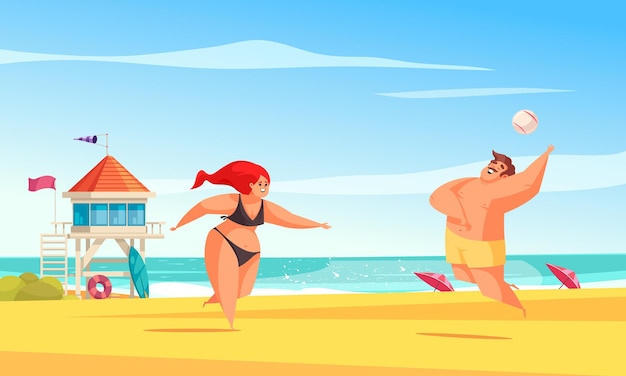 Composición de playa positiva para el cuerpo con dos personas grandes que juegan a la pelota en la ilustración de arena