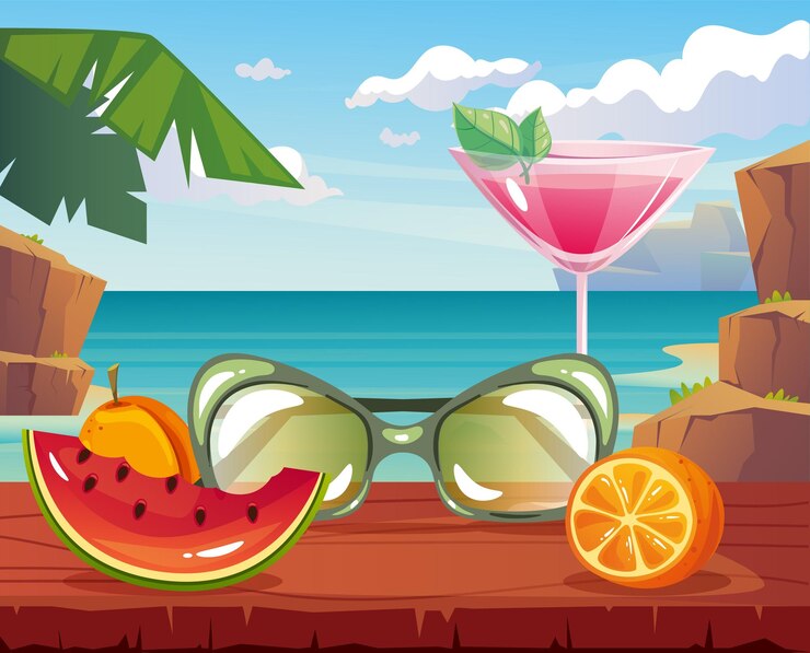 Vector composición de playa de verano con frutas y concepto de cóctel elemento de diseño gráfico de dibujos animados vectoriales