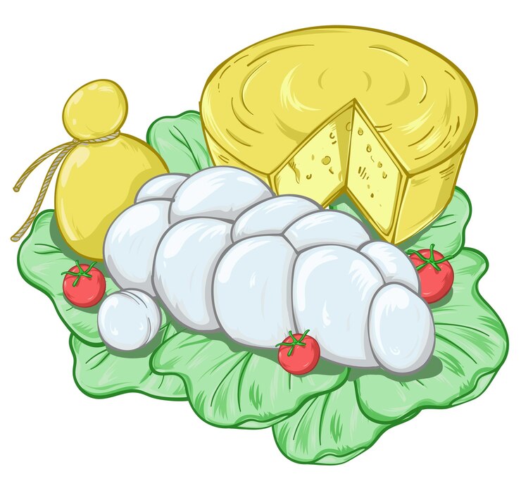 Vector composición de los quesos italianos tradicionales en un plato de lechuga ilustración vectorial