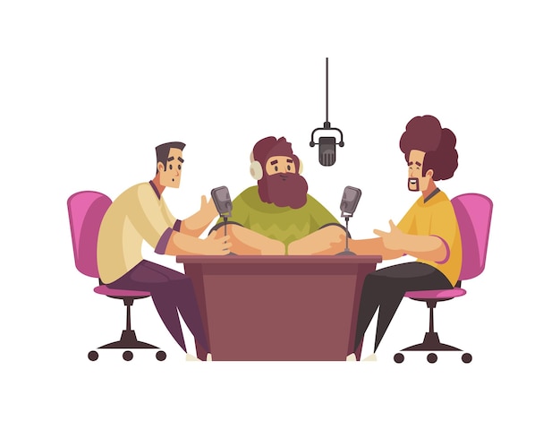 Vector composición de radio con personajes planos de empleados de la estación de radio en el lugar de trabajo con ilustración de vector de invitado