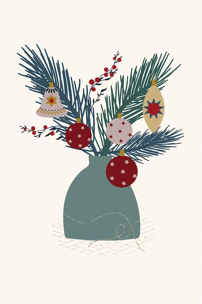Composición rama de abeto florero bolas de Navidad decoración de año nuevo