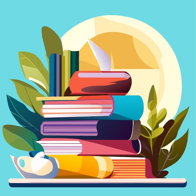 Composición realista para amantes de los libros con una pila de libros coloridos con anteojos y plantas caseras
