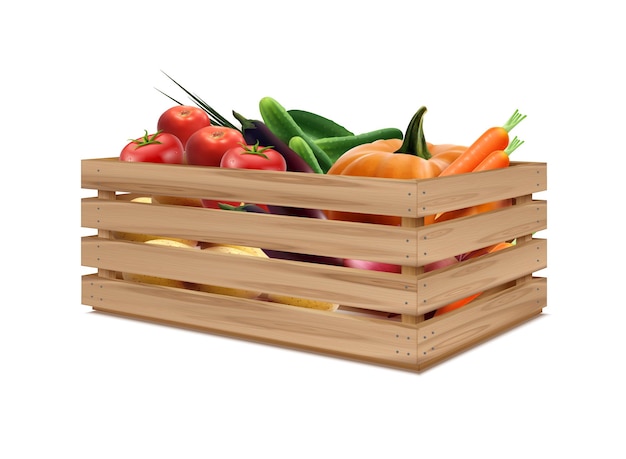 Composición realista de cajas de madera con imagen aislada de caja llena de verduras frescas en la ilustración de vector de fondo en blanco