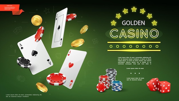 Composición realista del casino con naipes voladores fichas de póquer monedas de oro y dados rojos del juego en la ilustración verde