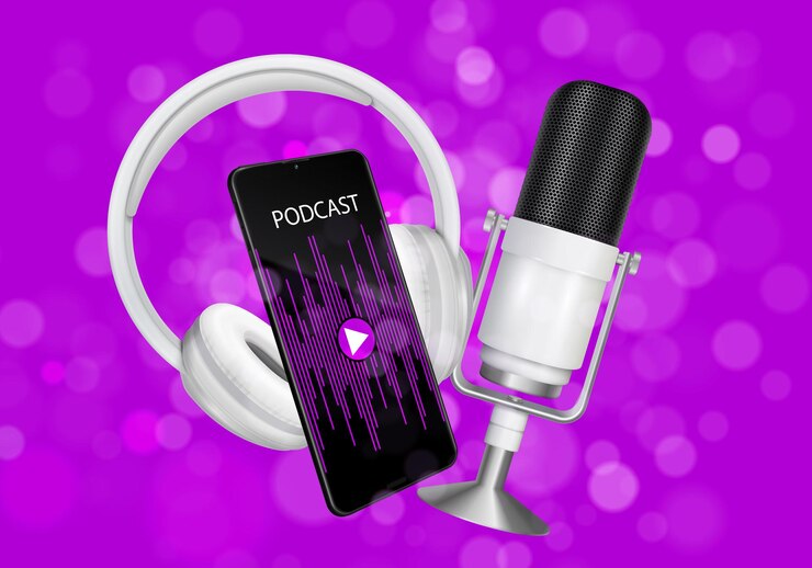 Vector composición realista inalámbrica de auriculares con teléfono inteligente de fondo púrpura borroso con micrófono de aplicación de podcast e ilustración vectorial de teléfonos portátiles