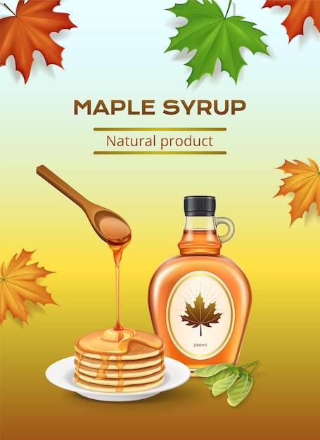 Composición realista de producto natural de jarabe de arce con tortitas de hojas de otoño de botella con ilustración de vector de topping