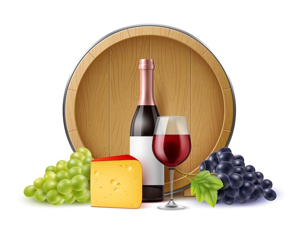 Composición realista de uvas de vino Vida muerta en barril de madera fondo bebida alcohólica noble uvas y bocadillos queso y bayas vaso de vino con bebida concepto aislado de vector utter