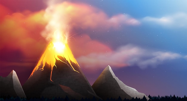 Composición realista del volcán de lava con paisaje al aire libre y vista de la quema de humo en la parte superior de la ilustración del vector de montaña