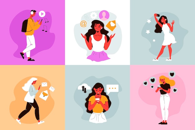 Composición de redes sociales con ilustraciones cuadradas de personajes humanos mediante mensajería en línea en teléfonos inteligentes