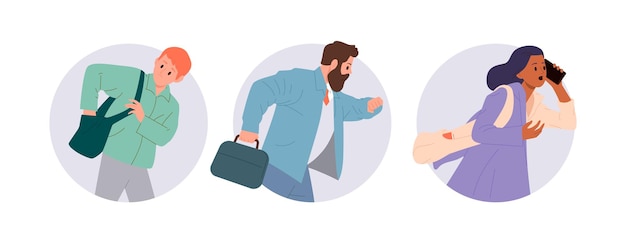 Composición redonda aislada de personas ocupadas, estresadas y emocionales, personal de oficina, personajes de dibujos animados que se retrasan, que tienen fechas límite, que fallan, que ilustran el vector de gestión del tiempo, que tienen un horario apretado y un concepto de prisa.