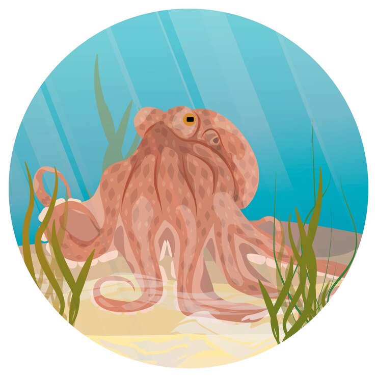 Vector composición redonda gran pulpo en el fondo del mar tropical con algas