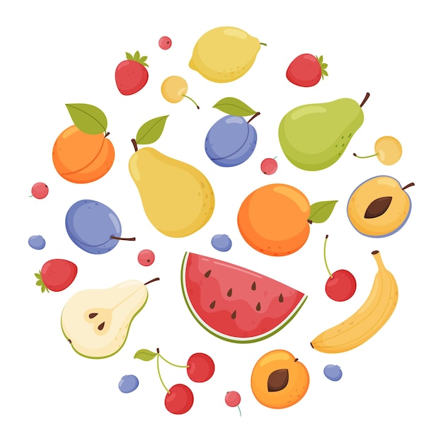 Composición redonda de jardín fresco y frutas y bayas tropicales comida vegana orgánica
