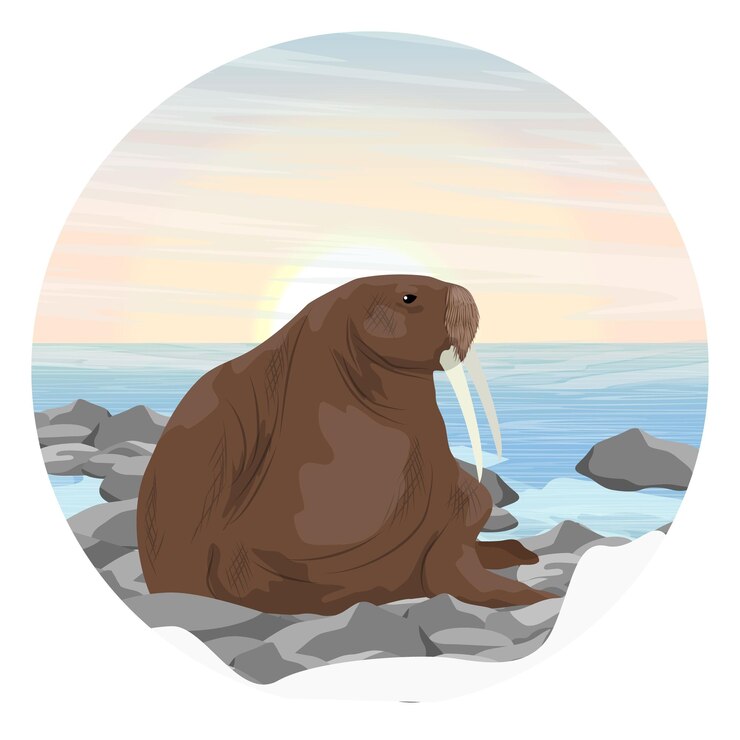 Vector composición redonda las morsas descansan en las rocas vida silvestre del ártico vector realista