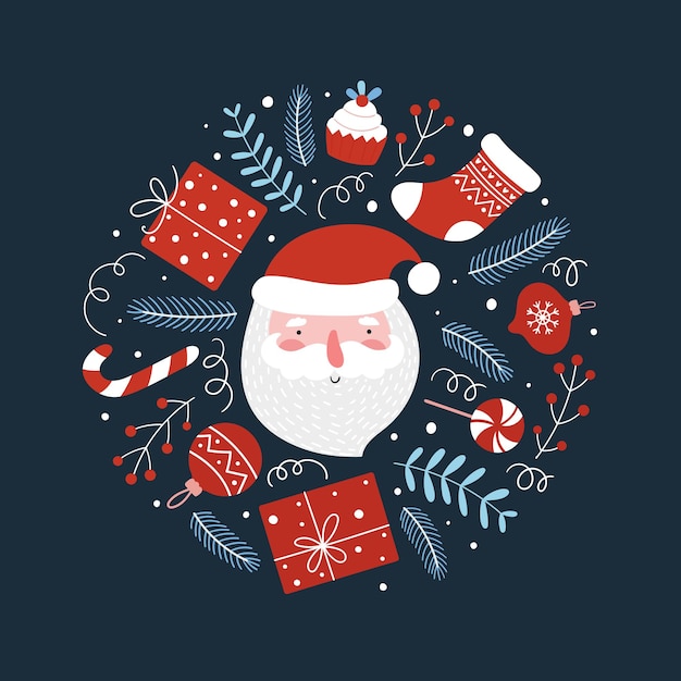 Composición redonda de Navidad con Papá Noel divertido, regalos y piruletas. Ilustración de vector para la decoración de tarjetas de Navidad y año nuevo, estampados.