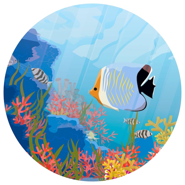 Vector composición redonda con peces tropicales nadando cerca de la barrera de coral paisaje submarino realista