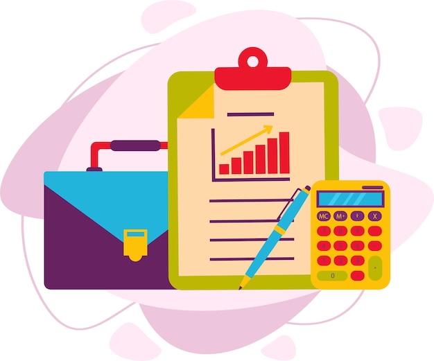 La composición está relacionada con negocios y finanzas. maletín, calculadora y esquema de documento. informe financiero, tabla de crecimiento. ilustración de vector de estilo plano.